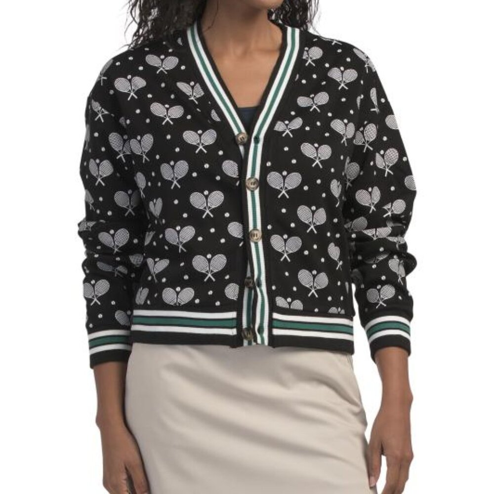 Tennis Racquet Cardigan Black Preppy Oversized Small, NWT